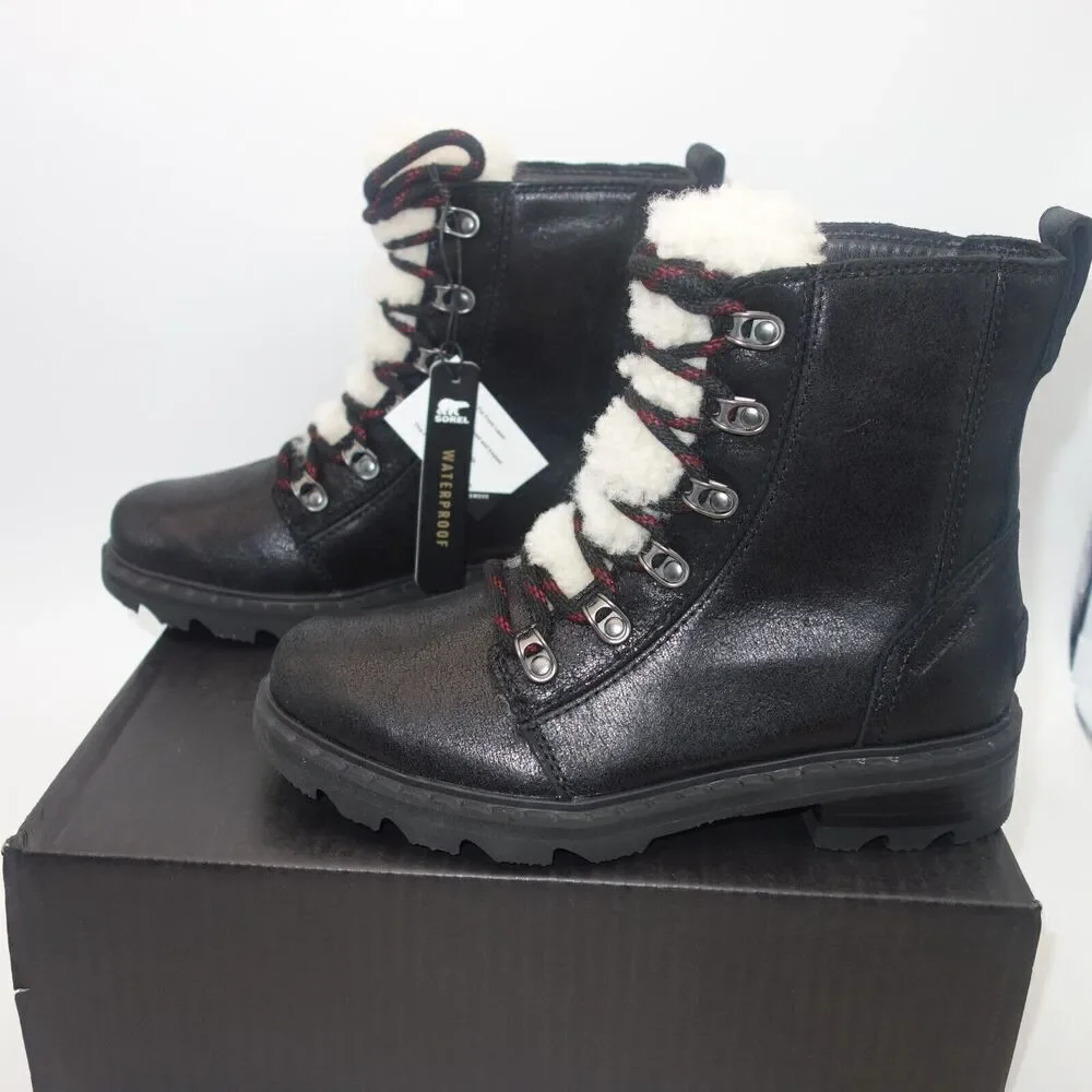 NEW Sorel Women's 5 Lennox Lace Cozy Boots Waterproof Shearling Lug  Black